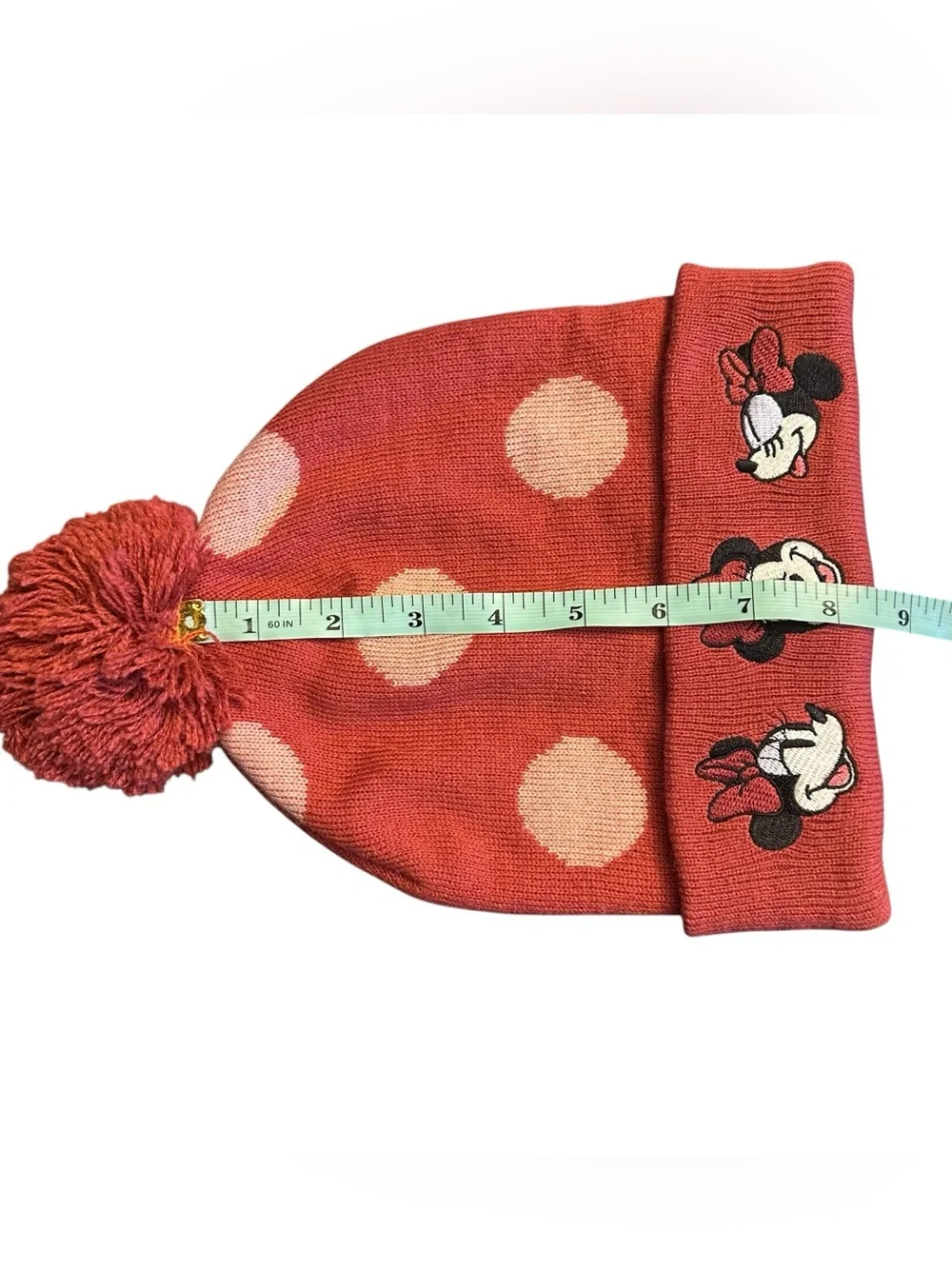 Disney Minnie Mouse Burgundy Pom Pom Beanie with Pink Polka Dots